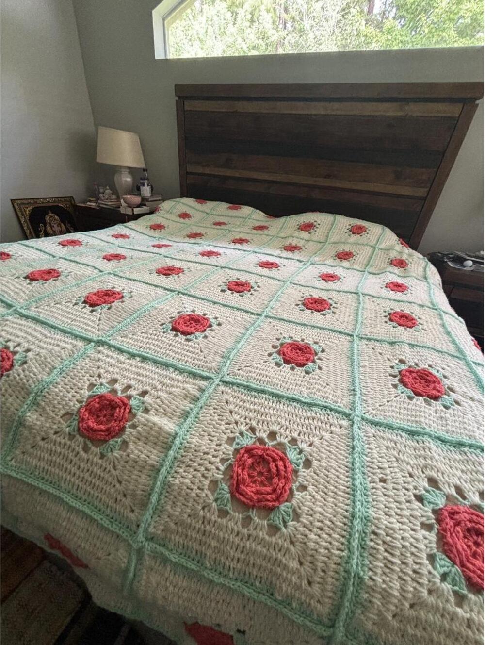 Oversized Handmade Crochet Rose Bedspread King Granny Square Coverlet 142” x 98”